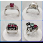 Four handcrafted engagement rings featuring red gemstones, pearls, and intricate silver band designs.