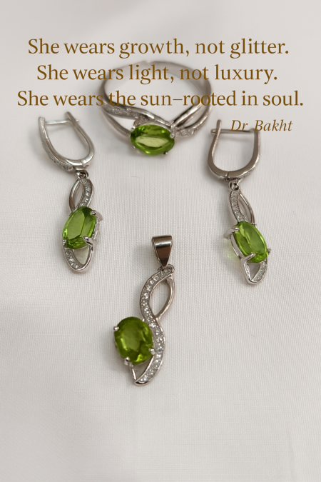 A graceful peridot jewelry set—comprising a silver ring, pendant, and earrings—artfully displayed with soft lighting that highlights the olive-green brilliance of each gemstone. The background is clean and muted, allowing the stones to radiate serenity. Overlaid in elegant font is a poetic quote by Dr. Bakht: “She wears growth, not glitter. She wears light, not luxury. She wears the sun—rooted in soul.” The composition evokes renewal, emotional elegance, and nature’s quiet resilience.