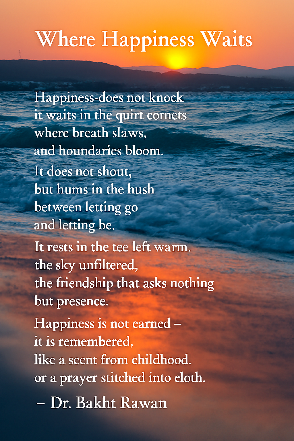 Sunset over ocean waves with Dr. Bakht Rawan’s poem “Where Happiness Waits” overlaid—symbolizing the quiet pursuit of happiness through stillness, emotional boundaries, and poetic reflection.